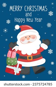 Tarjeta de navidad vectorial, linda caja de regalo de Santa Claus sonriente y simpática sobre fondo azul con mensaje de Feliz Navidad y Feliz Año Nuevo