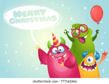 Vector Christmas card with cute funny monsters in cartoon style. Design for poster or print decoration