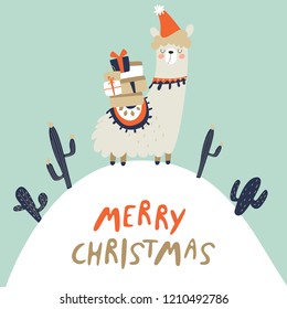 Vector Christmas card with cute llama in cartoon style