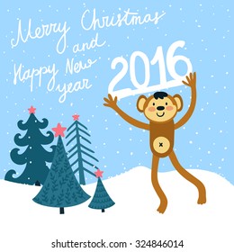 Vector Christmas card with cute monkey with 2016 number. Holiday background with hand drawing cartoon character, winter landscape, Christmas trees and text "Merry Christmas and happy New Year". 