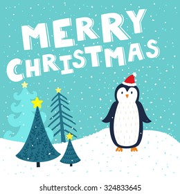 Vector Christmas card with cute penguin in Sants's hat. Holiday background with hand drawing cartoon character, winter landscape, Christmas trees and text "Merry Christmas". 