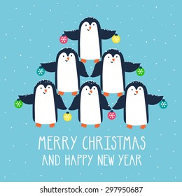 Vector Christmas card with cute penguins and text "Merry Christmas and happy new year". Holiday background with smiling cartoon characters. Concept illustration. Christmas tree made from penguins