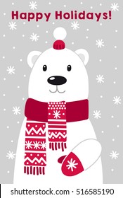 Vector Christmas card: cute polar bear on a light grey snowy  background.