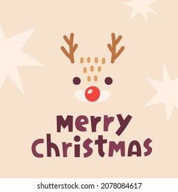 Vector Christmas card with cute reindeer. Merry Christmas text and deer with red nose. Flat illustration.