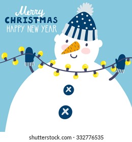 Vector christmas card with cute snowman and garland in his hands. Holiday illustration with funny cartoon character and text " Merry Christmas. Happy New Year". Beautiful winter background.