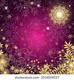 Vector christmas card in dark blue with golden gradient snowflakes and christmas star and place for text