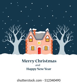 Vector christmas card with a dark night sky, a pink house and two winter trees. Cartoon X-mas illustration. New year snowfall. Cute winter landscape.
