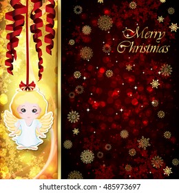 Weihnachtskarte mit Weihnachtsdekor, Serpentine, Schneeflocken, Konfetti auf goldenem und rotem Hintergrund.
