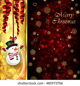 Vector Christmas card with Christmas decor, serpentine, snowflakes, confetti on golden and red background.