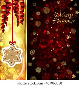 Tarjeta navideña vectorial con decoración navideña, serpentina, copos de nieve, confeti de fondo dorado y rojo.