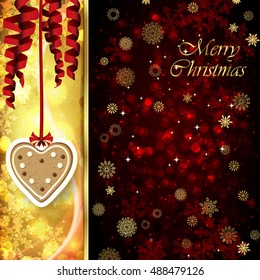 Vector Christmas card with Christmas decor, serpentine, snowflakes, confetti on golden and red background.
