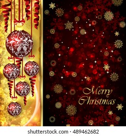 Vector Christmas card with Christmas decor, serpentine on golden and red background.