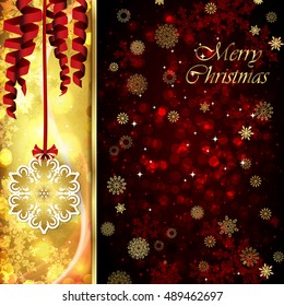 Vector Christmas card with Christmas decor, serpentine on golden and red background.