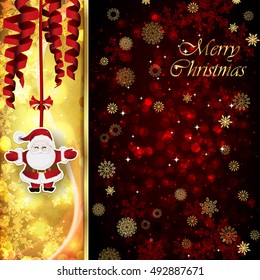 Vector Christmas card with Christmas decor, serpentine, snowflakes, confetti on golden and red background.