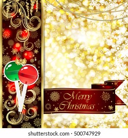 Vector Christmas card with Christmas decor, snowflakes on golden and red background.