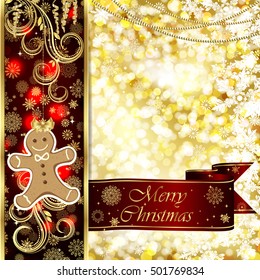 Vector Christmas card with Christmas decor, snowflakes on golden and red background.
