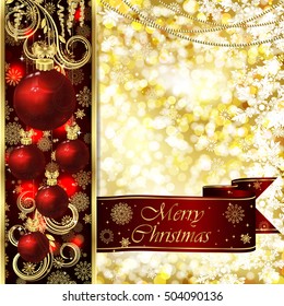 Tarjeta navideña vectorial con decoración navideña, copos de nieve con fondo dorado y rojo.