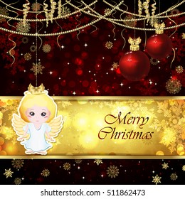 Vector Christmas card with Christmas decor, snowflakes on a golden and red background.