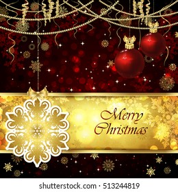 Vector Christmas card with Christmas decor, snowflakes on a golden and red background.