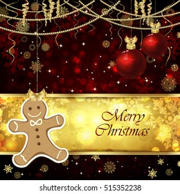 Vector Christmas card with Christmas decor, snowflakes on a golden and red background.
