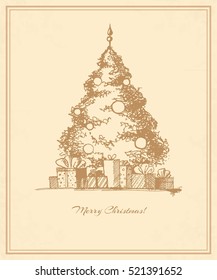 Vector Christmas card with decorated Christmas tree and gifts in a vintage style