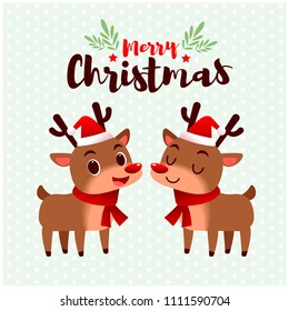 Vector Christmas card, deer characters wearing Santa hat