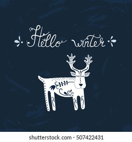 Vector Christmas card with deer and lettering.  Vector design for greeting cards and invitations.