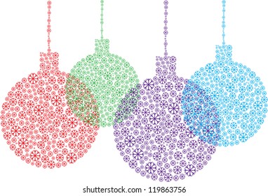 vector christmas card design with balls decorations made of colorful snow flakes isolated on white background