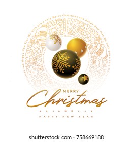 Vector Christmas Card Design. Christmas balls, hand drawn golden Merry Christmas text, wreath with hand drawn doodles, branch, balls, candy, Santa, candle, gift box, lightbulbs etc. White background.