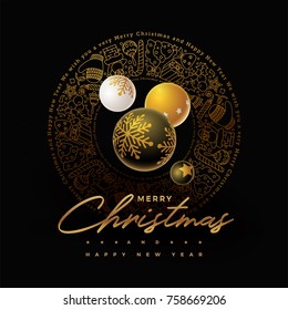 Vector Christmas Card Design. Christmas balls, hand drawn golden Merry Christmas text, wreath with hand drawn doodles, branch, balls, candy, Santa, candle, gift box, lightbulbs etc. Black background.