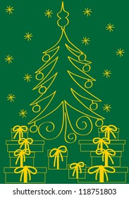 vector christmas card design with decorated tree, presents with ribbons and stars isolated on dark green background