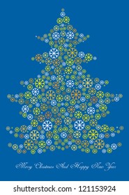 vector christmas card design with decorated tree made of small snowflakes isolated on blue background