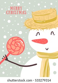Vector Christmas card design with holidays funny snowman, candy, snowflakes. Christmas and New Year pastel color background for design.