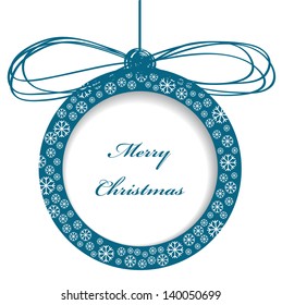vector christmas card design with paper ball, blue frame with ribbon and white snow flakes in silhouette