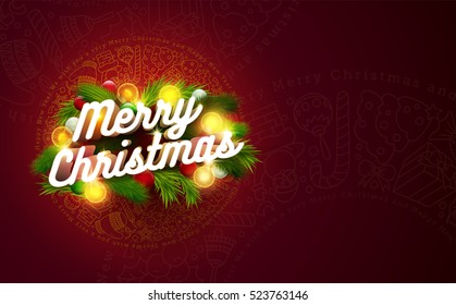 Vector Christmas Card Design Template. 3d Merry Christmas text on hand drawn doodles, branch, balls and lightbulbs. Copy space on dark red background.