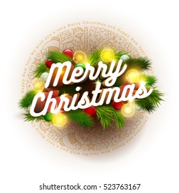Vektor-Weihnachtskarten-Design-Vorlage. 3d Frohe Weihnachtstexte auf handgezeichnet Doodles, Ast, Bälle und Glühbirnen. weißer Hintergrund.