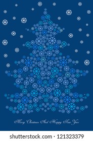 vector christmas card design with tree made of snow flakes, falling snow and place for your text in white isolated on dark blue background