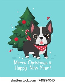 vector Christmas card with dog breed French Bulldog. On the card Christmas tree with toys.
