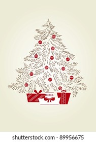 Vector christmas card with doodle tree and gifts
