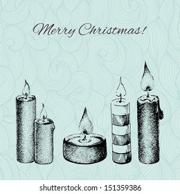 Vector Christmas card with dotted hand drawn candles on patterned background