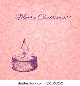 Vector Christmas card with dotted hand drawn candle on patterned background