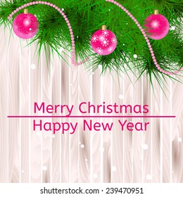 Vector Christmas card with element corner with Christmas balls on  Christmas tree on wooden background. Eps10