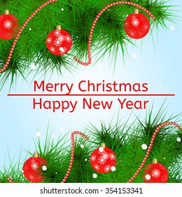 Vector Christmas card with element corner with Christmas balls on  Christmas tree on blue background. Eps10