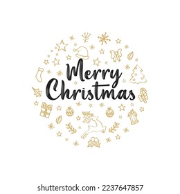 Vector Christmas card with Christmas elements. Perfect design for posters, flyers, banners, cards. Xmas design. Handwritten modern brush lettering. Hand drawn doodle design elements.