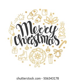 Vector Christmas card with christmas elements. Perfect design for posters, flyers, banners, cards. Xmas design. Handwritten modern brush lettering. Hand drawn doodle design elements.