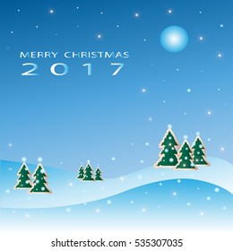 Vector Christmas card with a fantastic green Christmas trees, snowflakes and moon on a blue background. Vector illustration.