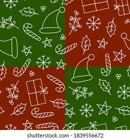 Vector Christmas card with festive ball consisting of cute line style hand draw icons and sign Happy New Year. Christmas decoration for poster, invitation, party, flyer, sale banner. 10 eps