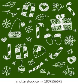 Vector Christmas card with festive ball consisting of cute line style hand draw icons and sign Happy New Year. Christmas decoration for poster, invitation, party, flyer, sale banner. 10 eps