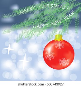 vector of christmas card with fir branch and red ball