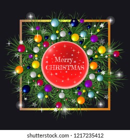 Vector Christmas card. Fir branches, Christmas balls. Template for greetings. All elements are isolated
